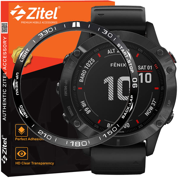 Zitel Bezel Styling for Garmin Fenix 6 / 6 Pro Bezel Ring Adhesive Cover Stainless Steel Protector (Not For 6X / 6X Pro) - Black