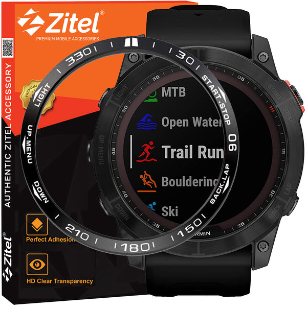 Zitel Bezel Styling for Garmin Fenix 7X Bezel Ring Adhesive Cover Stainless Steel Protector - Black