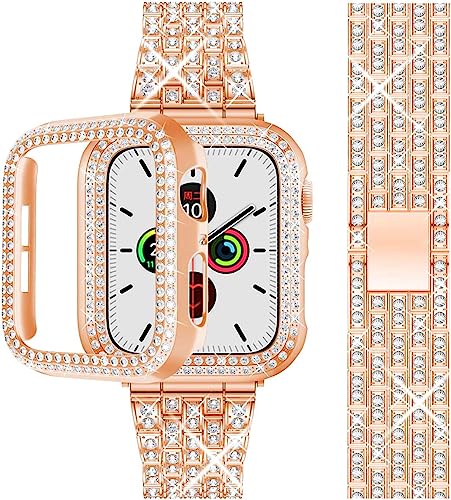 Zitel Band for Apple Watch 44mm Bling Diamond Rhinestone Strap + Case for Women Girls iWatch Series 6 | 5 | 6 | SE2 - Rose Gold